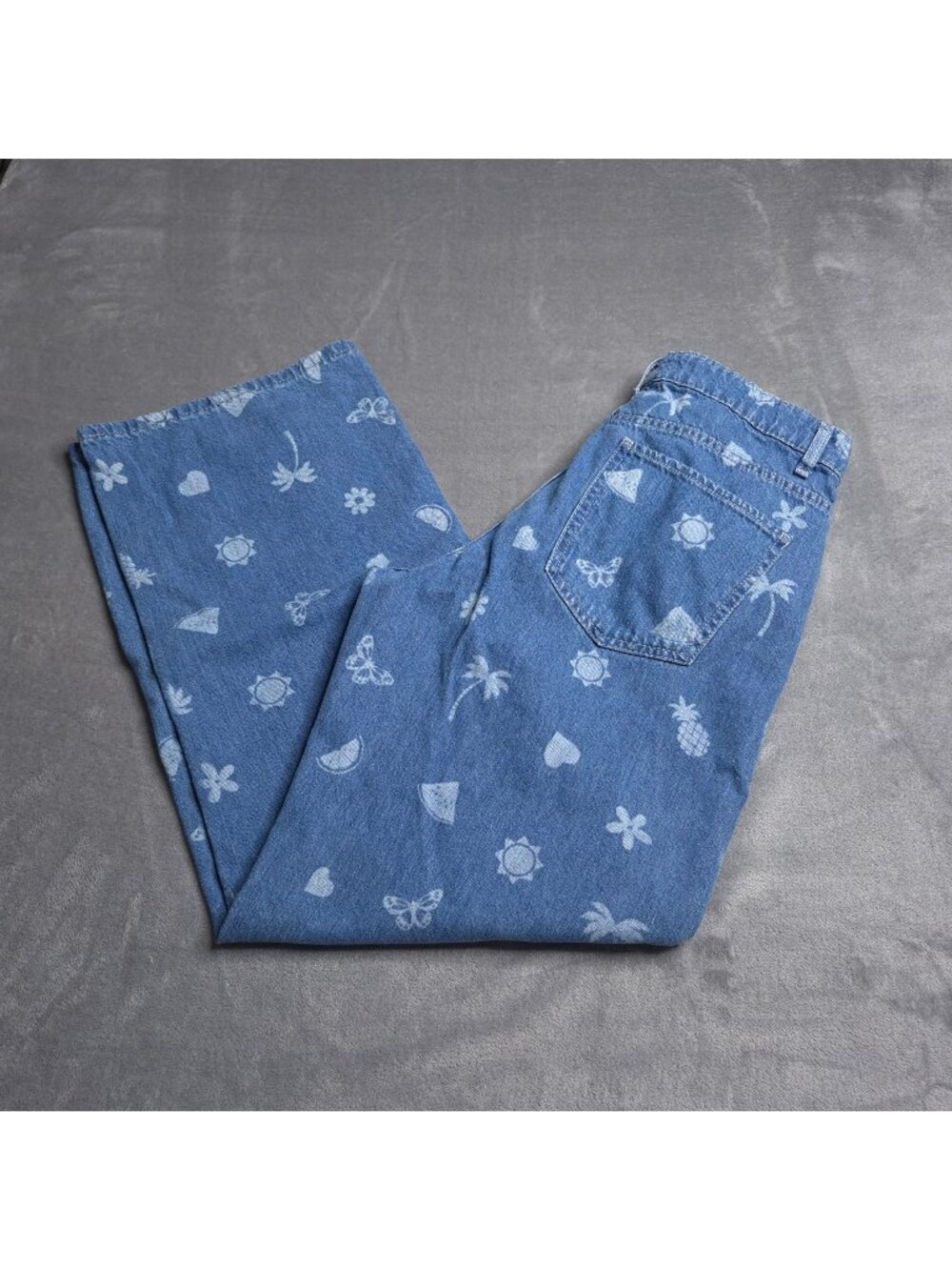 Forever 21 Womens Wide Leg Blue Denim Jeans 29 Tropical Print High Rise